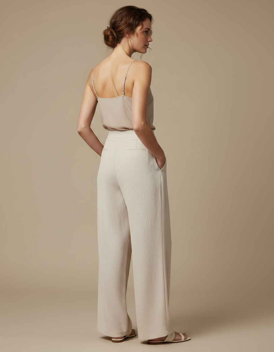 Pantalon À Pince Crème Fluide Ample Décontracté Plissé - Beige Lin - vue 2