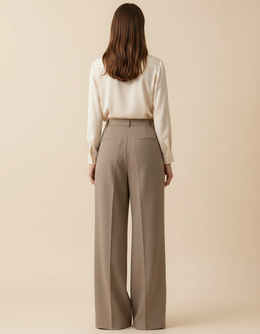 Pantalon À Pince Plissé Beige Taille Haute Ample Élégant - Gabardine - vue 2