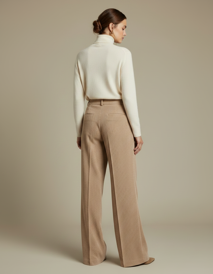 Pantalon À Pince Beige Côtelé Ample Taille Haute Femme - Cordé - vue 2