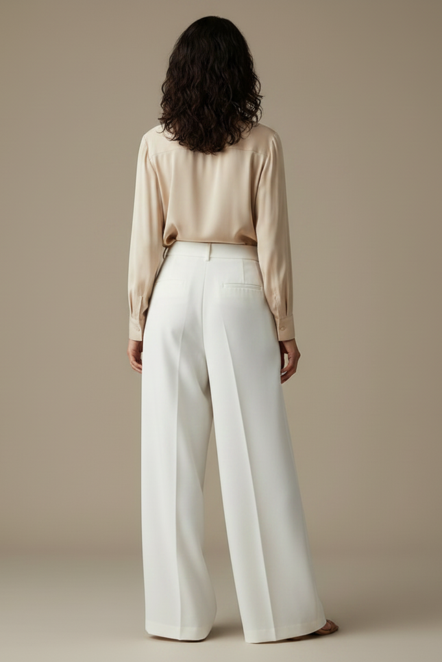 Pantalon À Pince Blanc Écru Taille Haute Ample Fluide - Polyester - vue 2