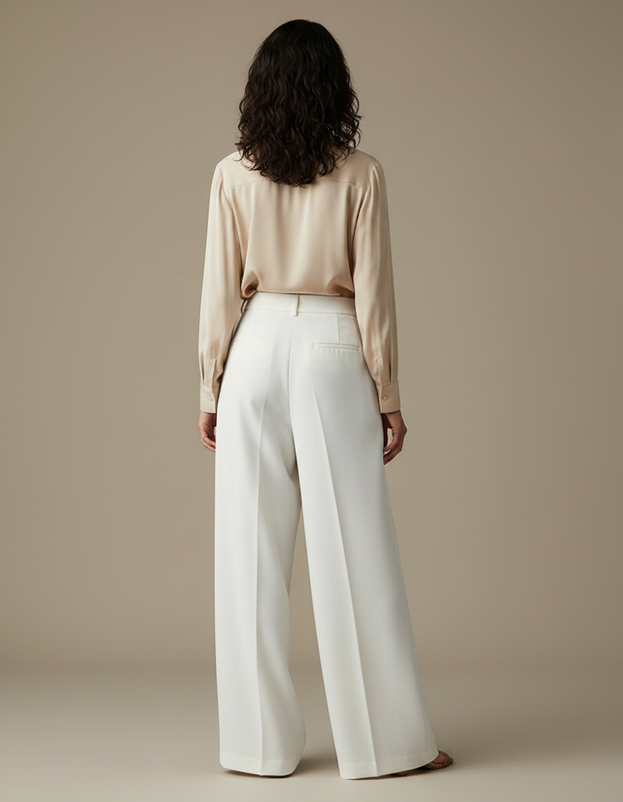 Pantalon À Pince Blanc Écru Taille Haute Ample Fluide - Polyester - vue 2