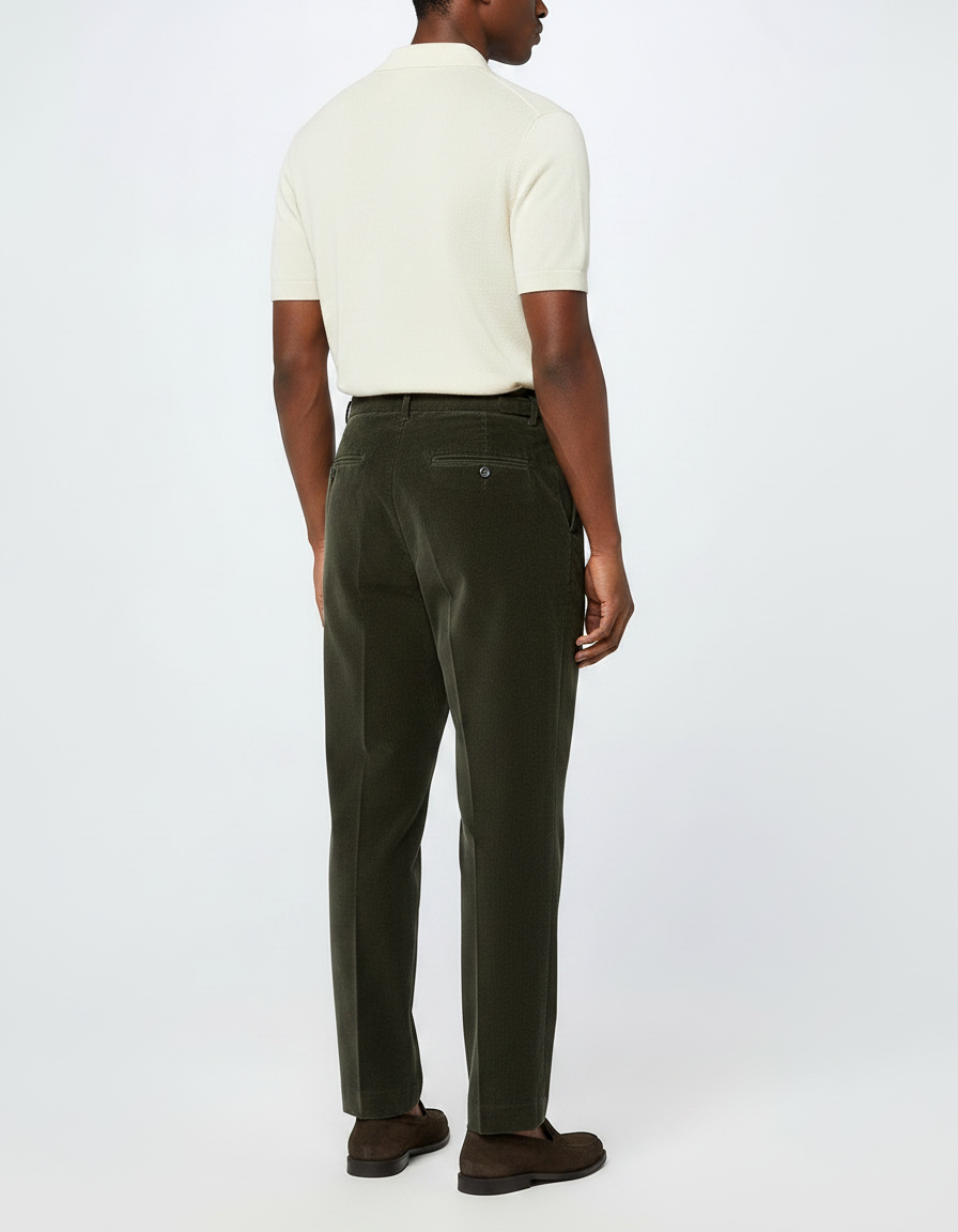 Pantalon À Pince Vert Côtelé Plissé Décontracté Homme - Cordé - vue 2
