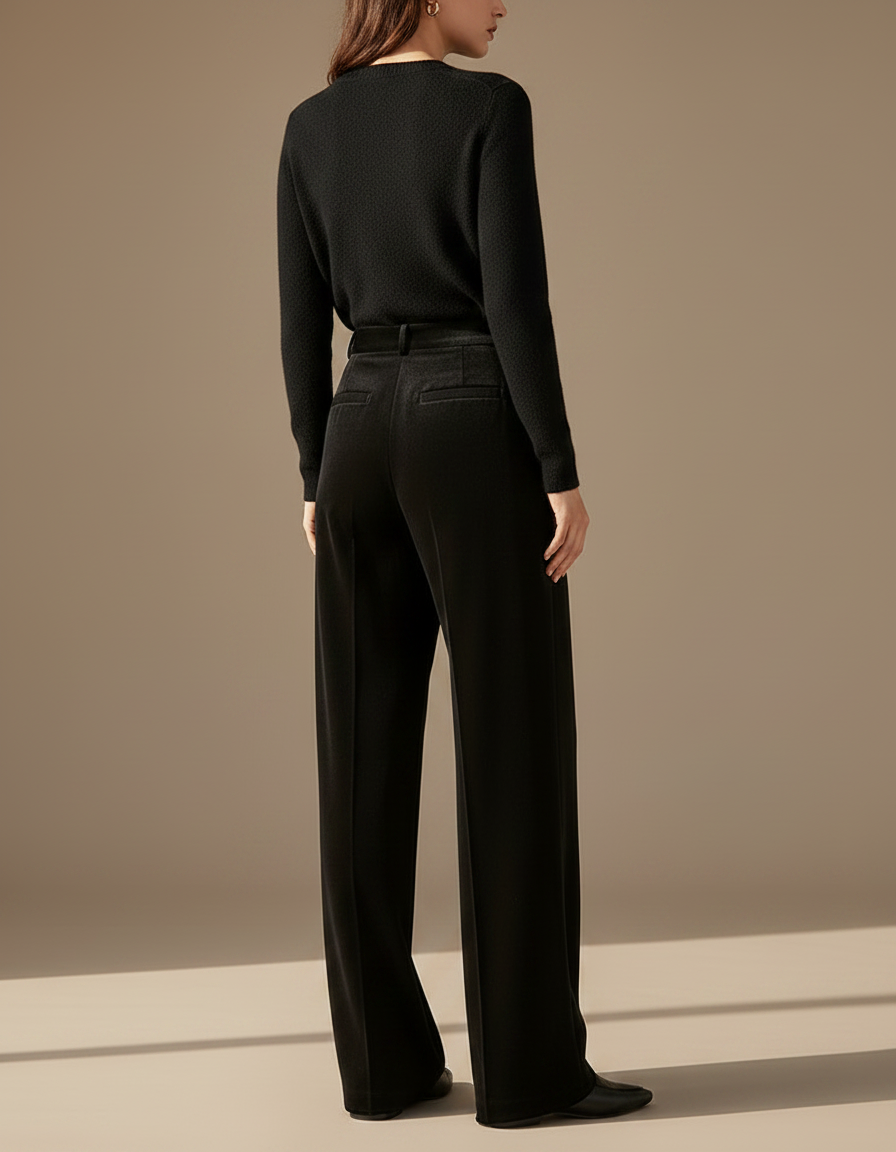Pantalon À Pince Noir Velours Ample Élégant Femme - vue 2