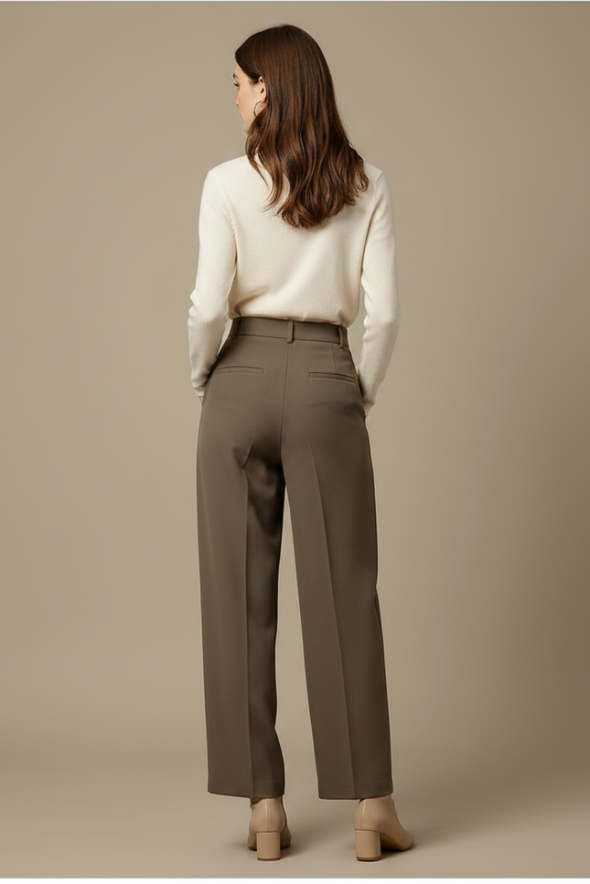 Pantalon À Pince Marron Plissé Ample Femme Élégant - Kaki Polyester - vue 2