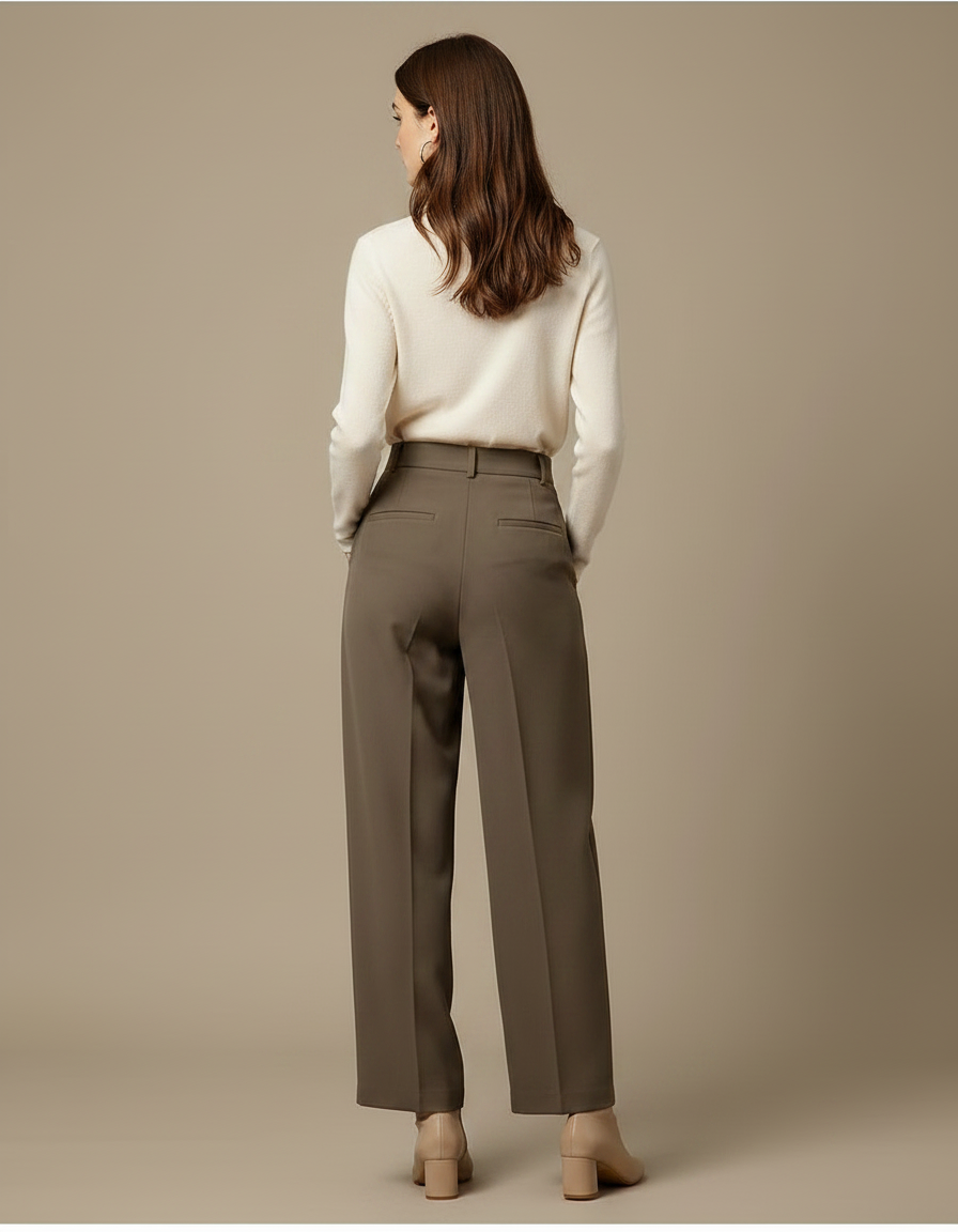 Pantalon À Pince Marron Plissé Ample Femme Élégant - Kaki Polyester - vue 2
