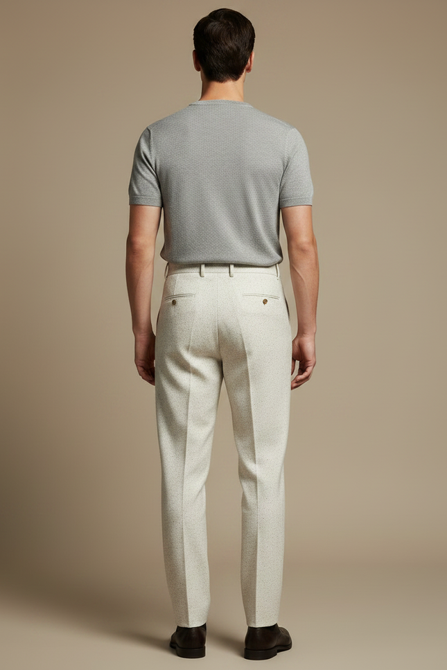 Pantalon À Pince Crème Plissé Laine Tweed Droit Homme - Beige - vue 2