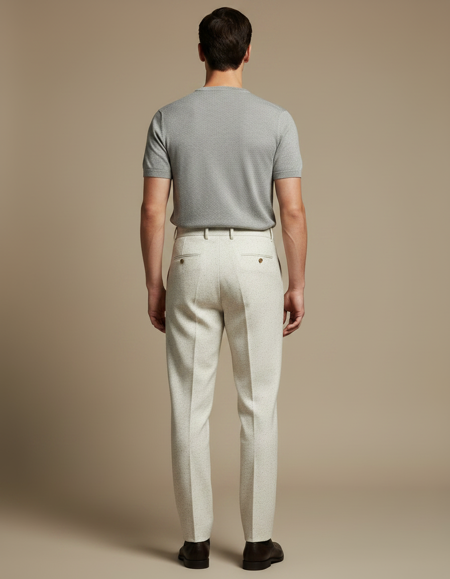 Pantalon À Pince Crème Plissé Laine Tweed Droit Homme - Beige - vue 2