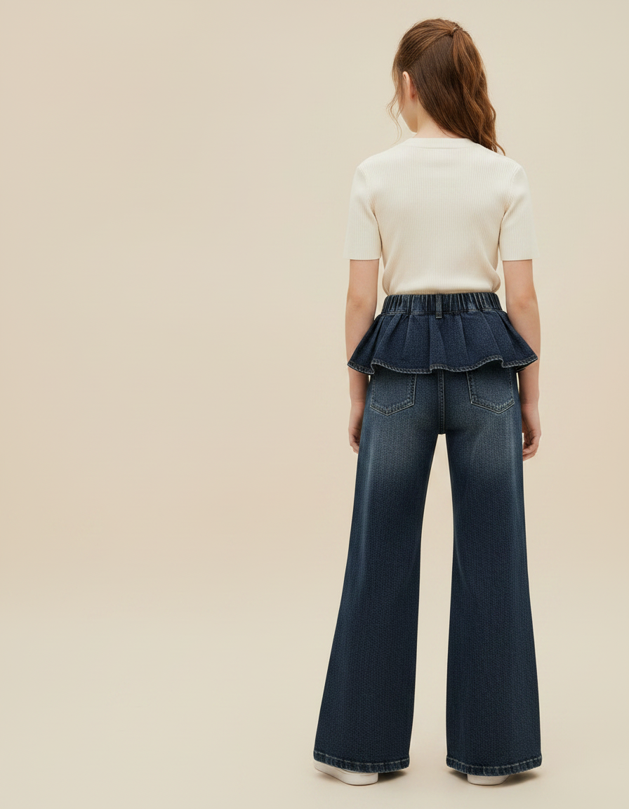 Pantalon À Pince Jean Bleu Volants Ample Fille - vue 2