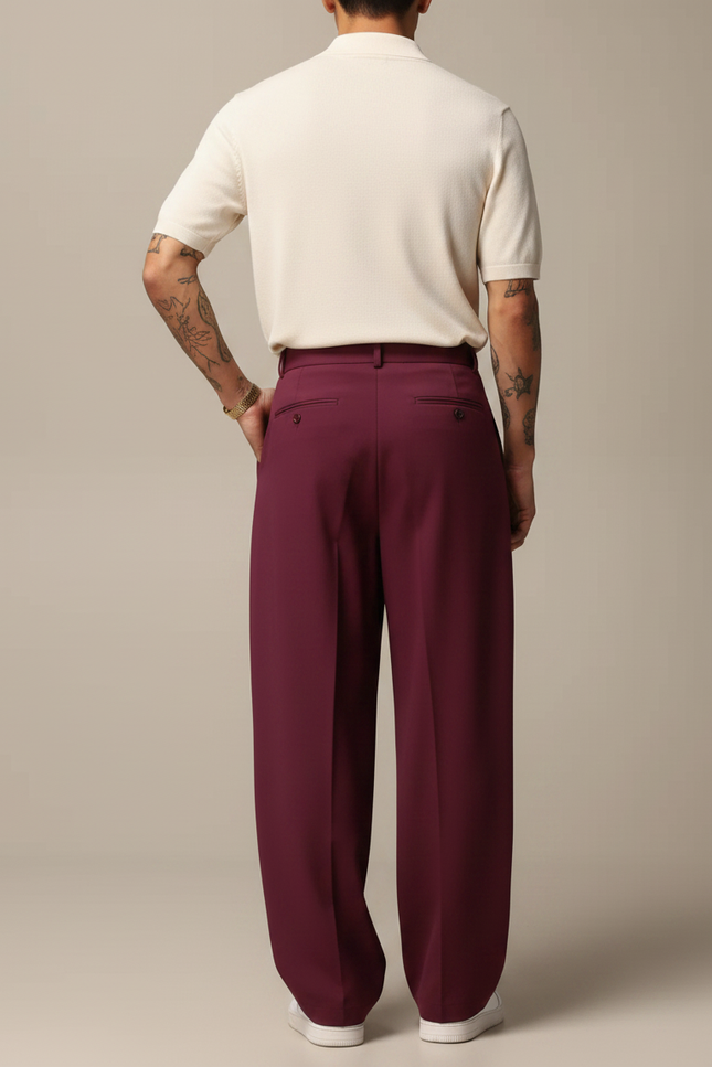 Pantalon À Pince Bordeaux Ample Plissé Décontracté Homme - Gabardine - vue 2