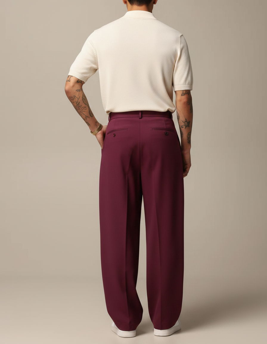 Pantalon À Pince Bordeaux Ample Plissé Décontracté Homme - Gabardine - vue 2