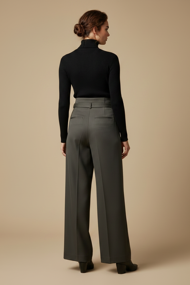 Pantalon À Pince Kaki Taille Haute Large Élégant - Gabardine - vue 2