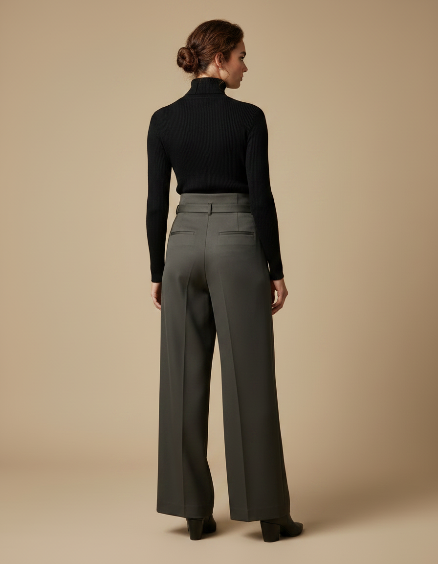 Pantalon À Pince Kaki Taille Haute Large Élégant - Gabardine - vue 2