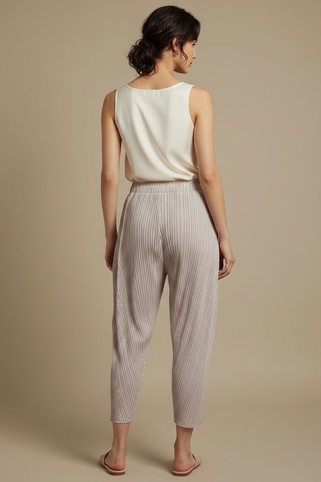 Pantalon À Pince Plissé Ample Beige Élégant Femme - Polyester - vue 2