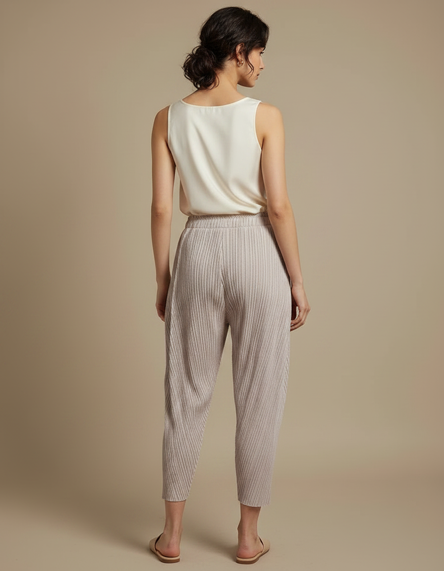 Pantalon À Pince Plissé Ample Beige Élégant Femme - Polyester - vue 2