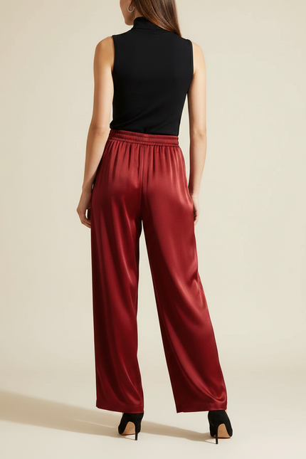 Pantalon À Pince Rouge Satiné Fluide Ample Élégant - Bordeaux - vue 2