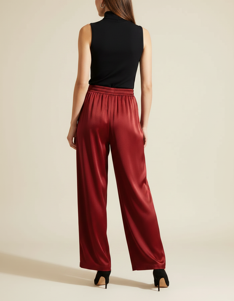 Pantalon À Pince Rouge Satiné Fluide Ample Élégant - Bordeaux - vue 2