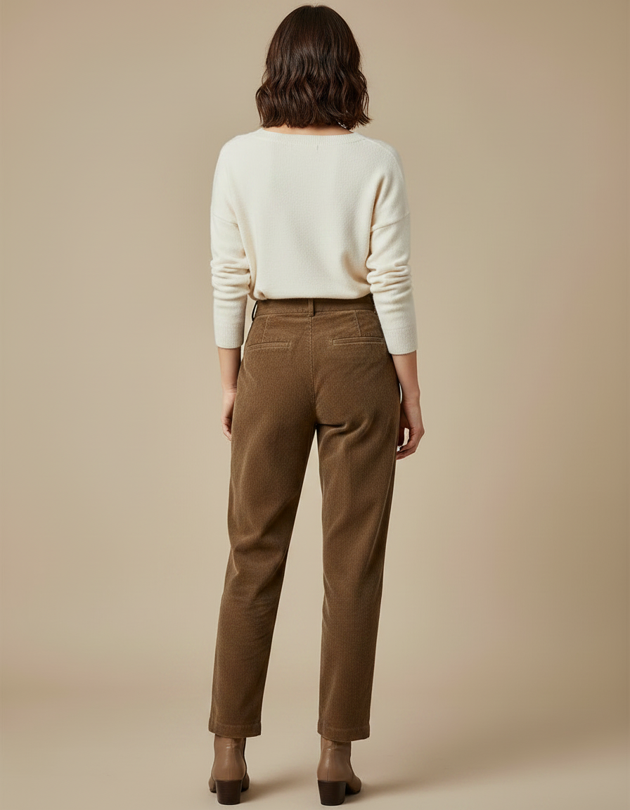 Pantalon À Pince Marron Côtelé Ample Plissé Décontracté Femme - Cordé - vue 2