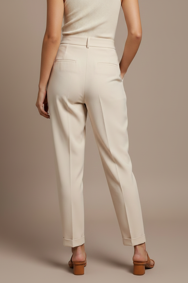 Pantalon À Pince Crème Plissé Droit Tendance Décontracté - Beige Polyester - vue 2