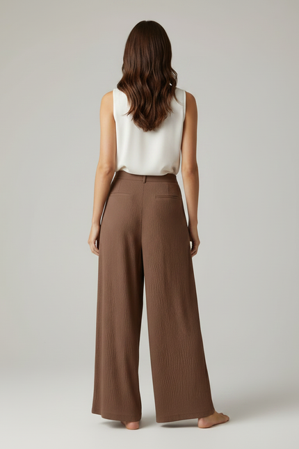 Pantalon À Pince Marron Plissé Ample Fluide Décontracté - Viscose - vue 2