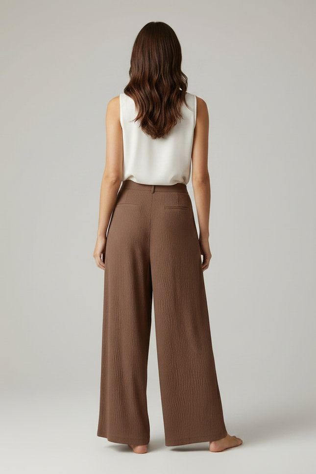 Pantalon À Pince Marron Plissé Ample Fluide Décontracté - Viscose - vue 2