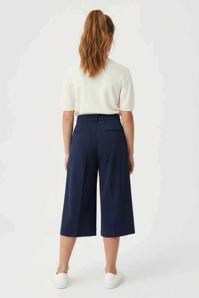 Pantalon À Pince Bleu Marine Ample Court Fille - Gabardine - vue 2