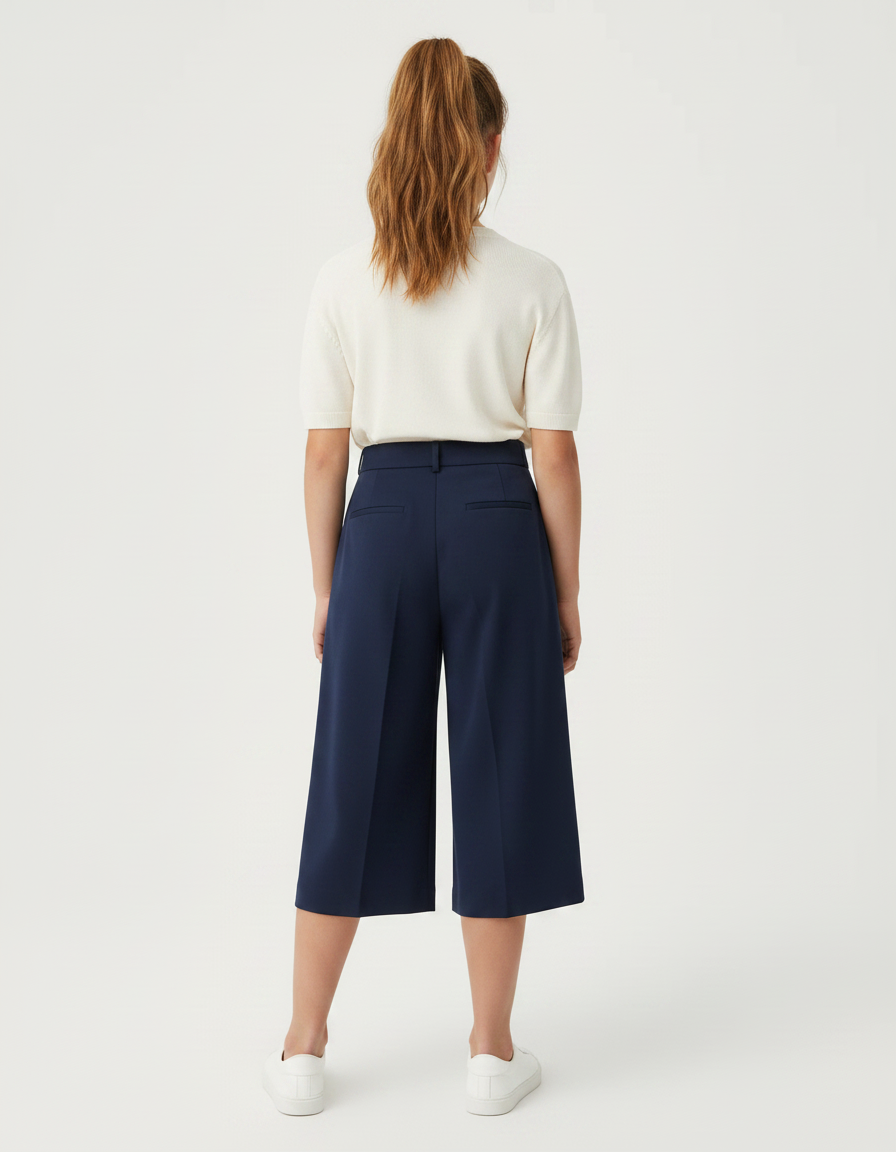 Pantalon À Pince Bleu Marine Ample Court Fille - Gabardine - vue 2