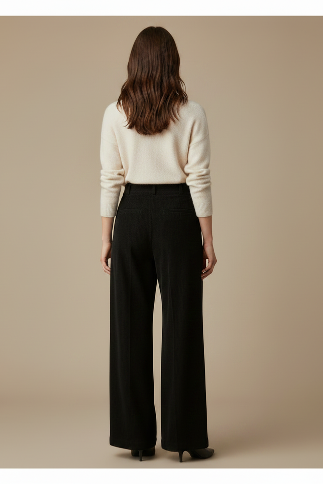 Pantalon À Pince Noir Côtelé Ample Élégant Femme - Cordé - vue 2