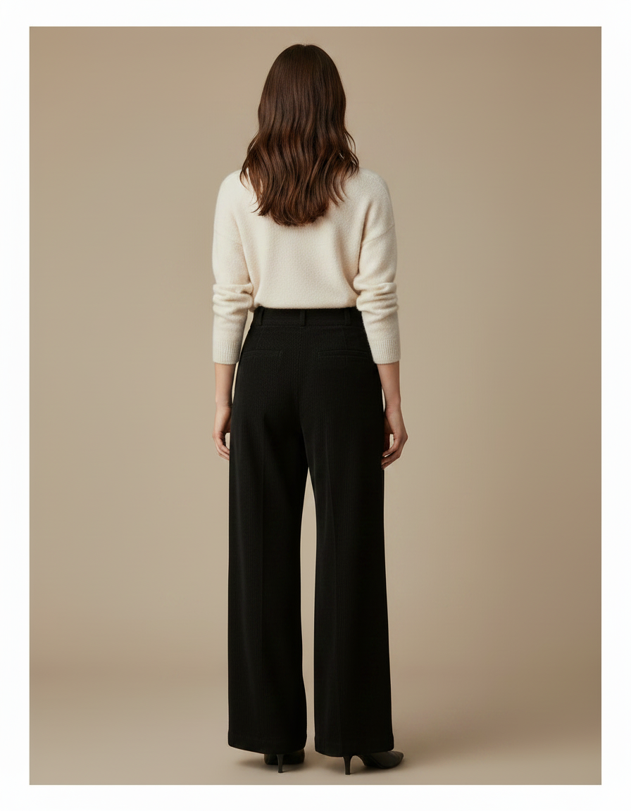 Pantalon À Pince Noir Côtelé Ample Élégant Femme - Cordé - vue 2