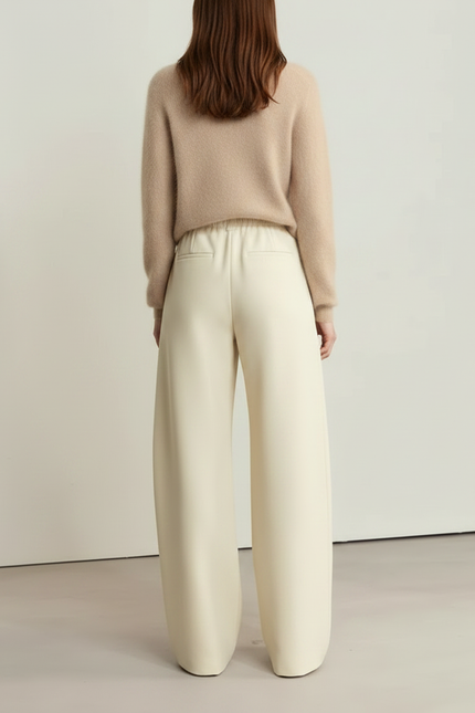 Pantalon À Pince Crème Ample Fluide Décontracté Élégant - Beige Simili cuir - vue 2