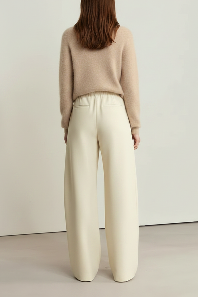Pantalon À Pince Crème Ample Fluide Décontracté Élégant - Beige Simili cuir - vue 2