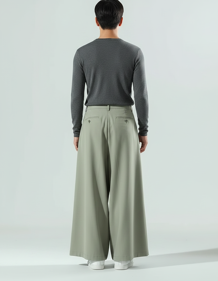 Pantalon À Pince Vert Sauge Ample Plissé Fluide Homme - Polyester - vue 2