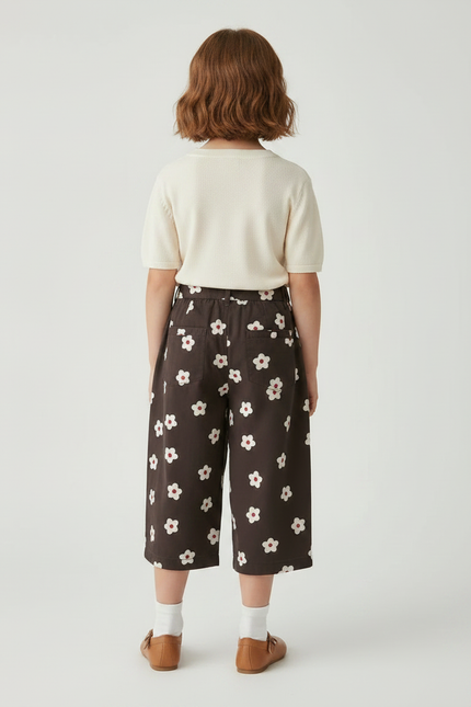 Pantalon À Pince Marron Fleurs Blanches Ample Enfant - Coton - vue 2