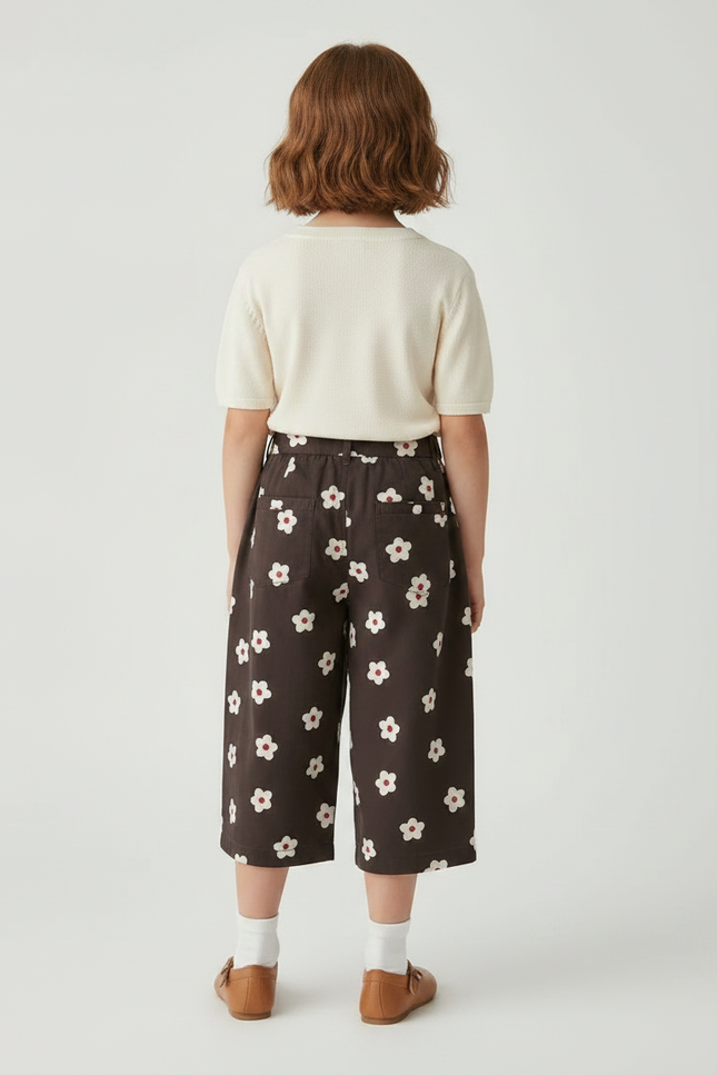 Pantalon À Pince Marron Fleurs Blanches Ample Enfant - Coton - vue 2