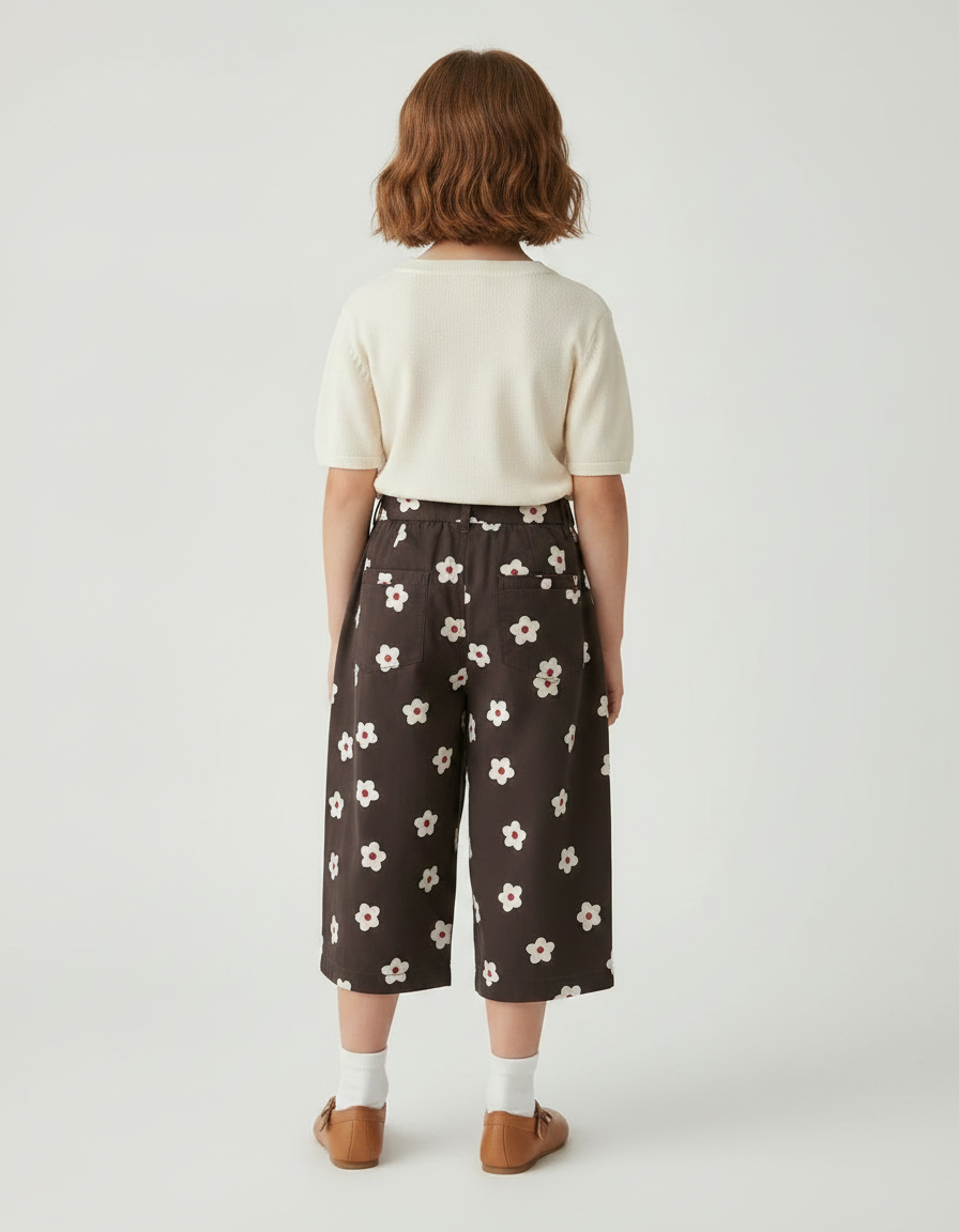 Pantalon À Pince Marron Fleurs Blanches Ample Enfant - Coton - vue 2