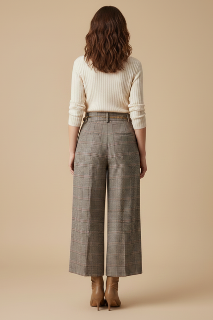 Pantalon À Pince Carreaux Marron Ample Taille Haute Élégant - Tweed - vue 2