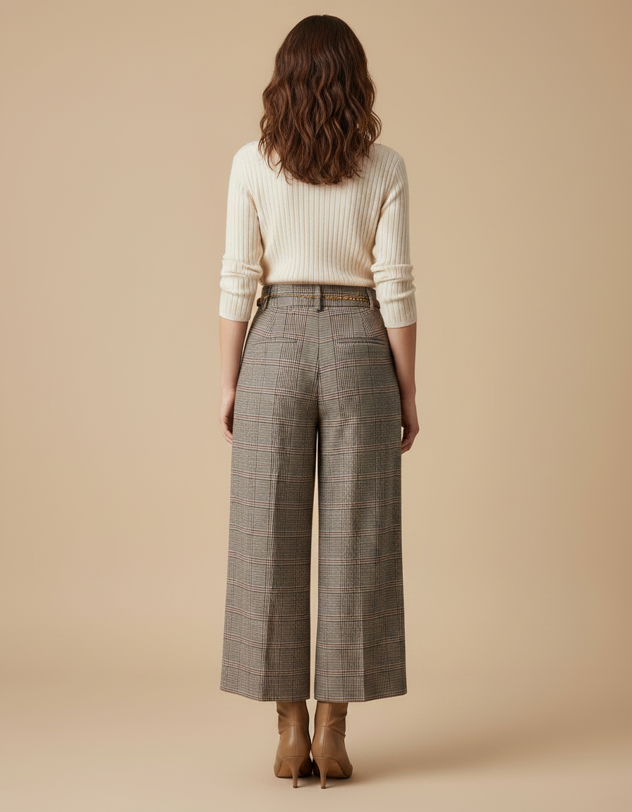 Pantalon À Pince Carreaux Marron Ample Taille Haute Élégant - Tweed - vue 2