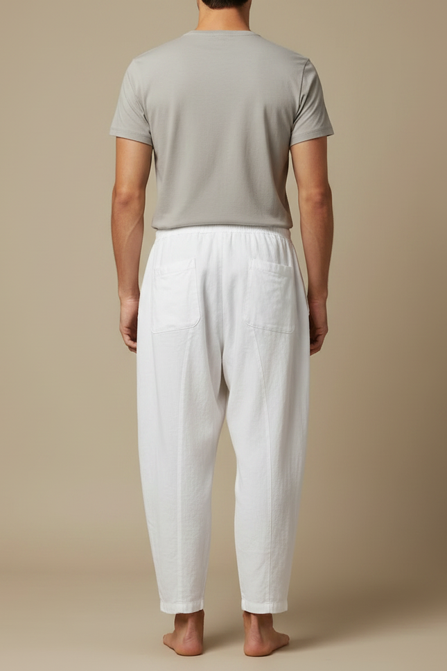 Pantalon À Pince Blanc Lin Ample Décontracté Homme - vue 2