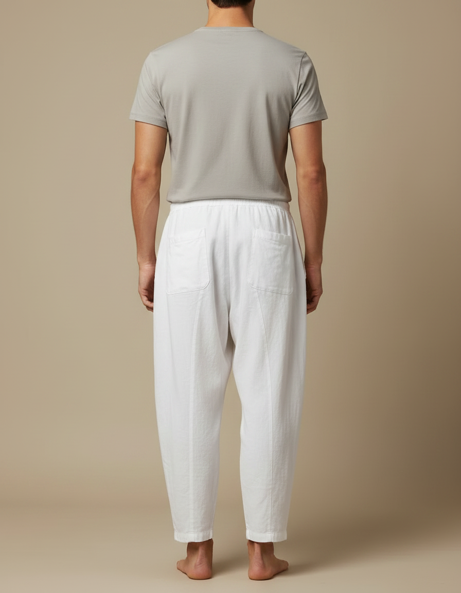 Pantalon À Pince Blanc Lin Ample Décontracté Homme - vue 2