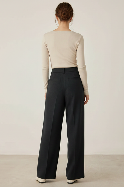 Pantalon À Pince Noir Plissé Ample Taille Haute - Polyester - vue 2