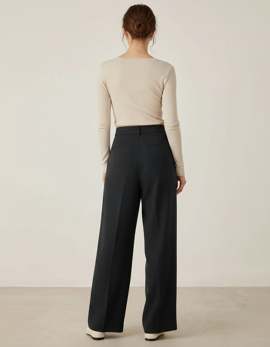 Pantalon À Pince Noir Plissé Ample Taille Haute - Polyester - vue 2