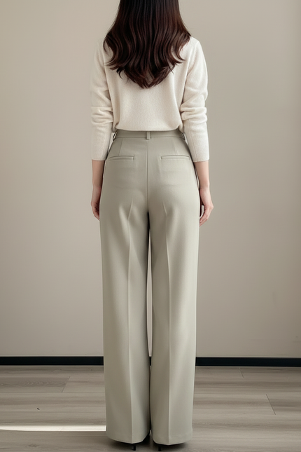 Pantalon À Pince Beige Plissé Ample Droit Élégant - Kaki Polyester - vue 2