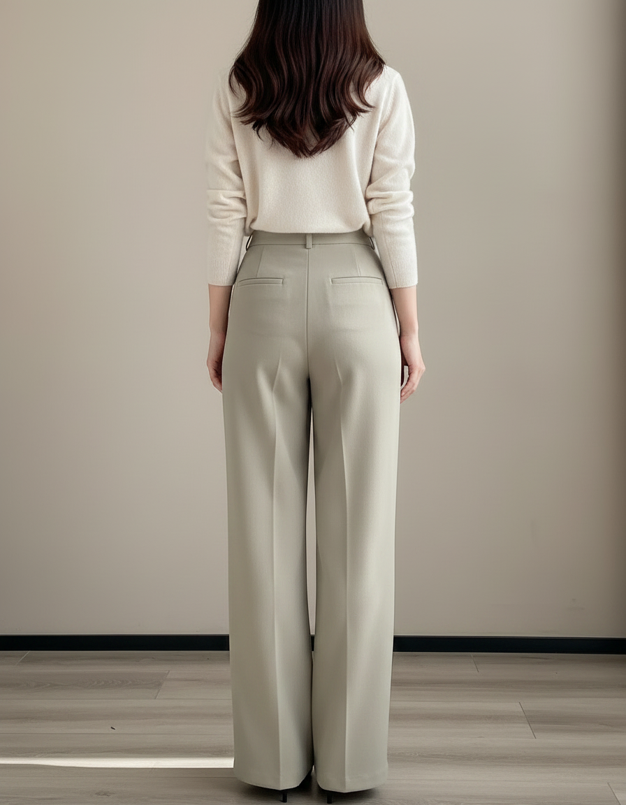 Pantalon À Pince Beige Plissé Ample Droit Élégant - Kaki Polyester - vue 2