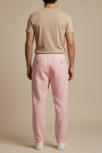Pantalon À Pince Rose Lin Ample Cordon Décontracté Homme - vue 2