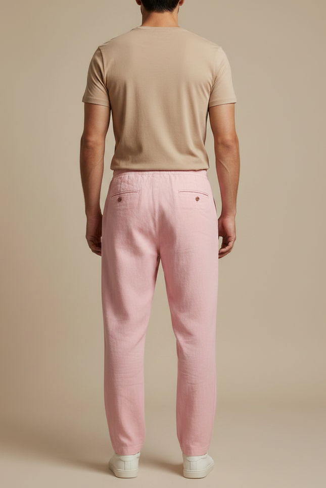 Pantalon À Pince Rose Lin Ample Cordon Décontracté Homme - vue 2
