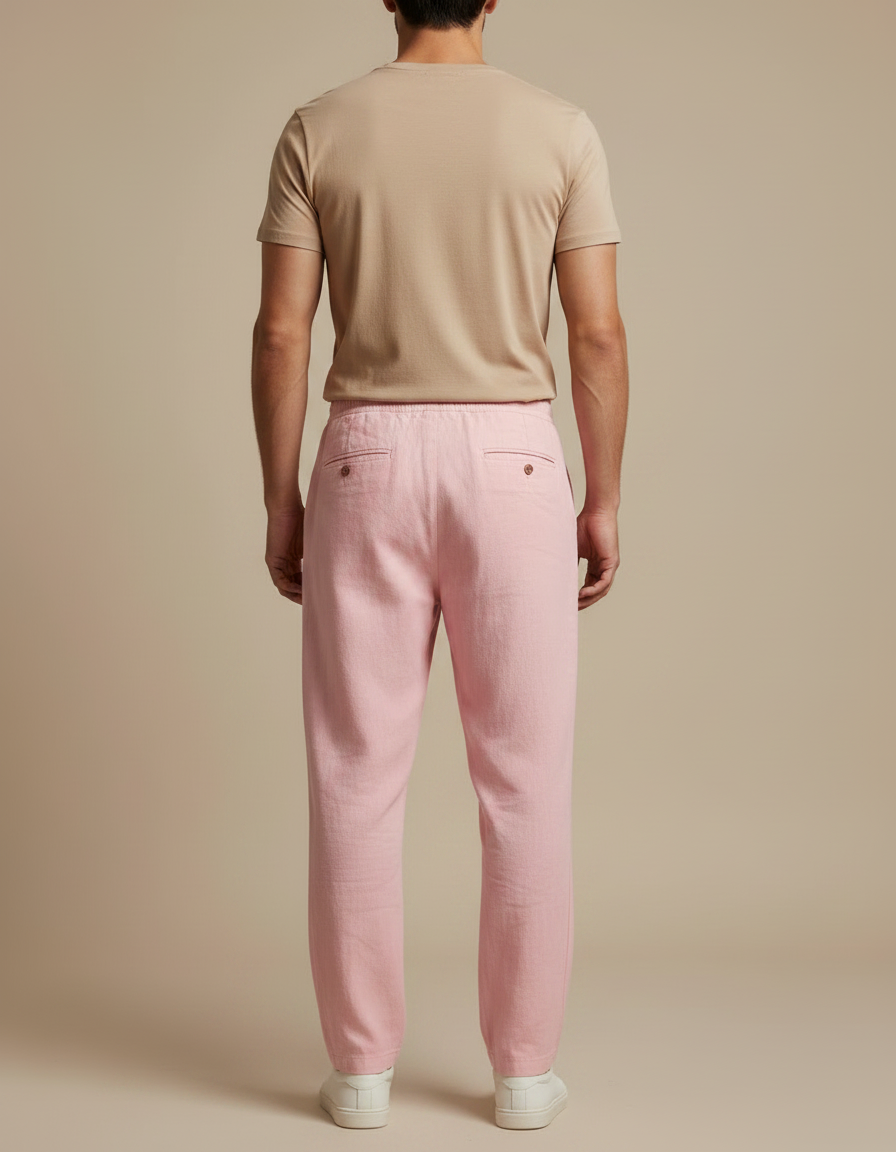 Pantalon À Pince Rose Lin Ample Cordon Décontracté Homme - vue 2