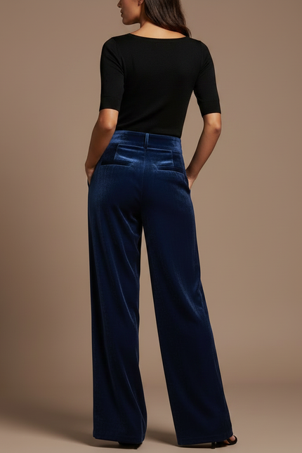 Pantalon À Pince Velours Bleu Marine Ample Élégant Femme - vue 2