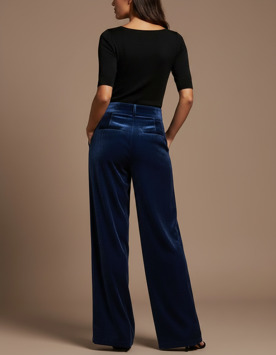 Pantalon À Pince Velours Bleu Marine Ample Élégant Femme - vue 2