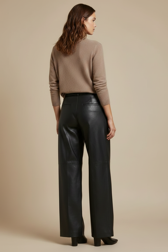 Pantalon À Pince Noir Cuir Ample Fluide Femme Élégant - vue 2