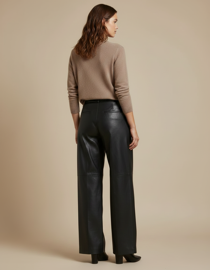 Pantalon À Pince Noir Cuir Ample Fluide Femme Élégant - vue 2
