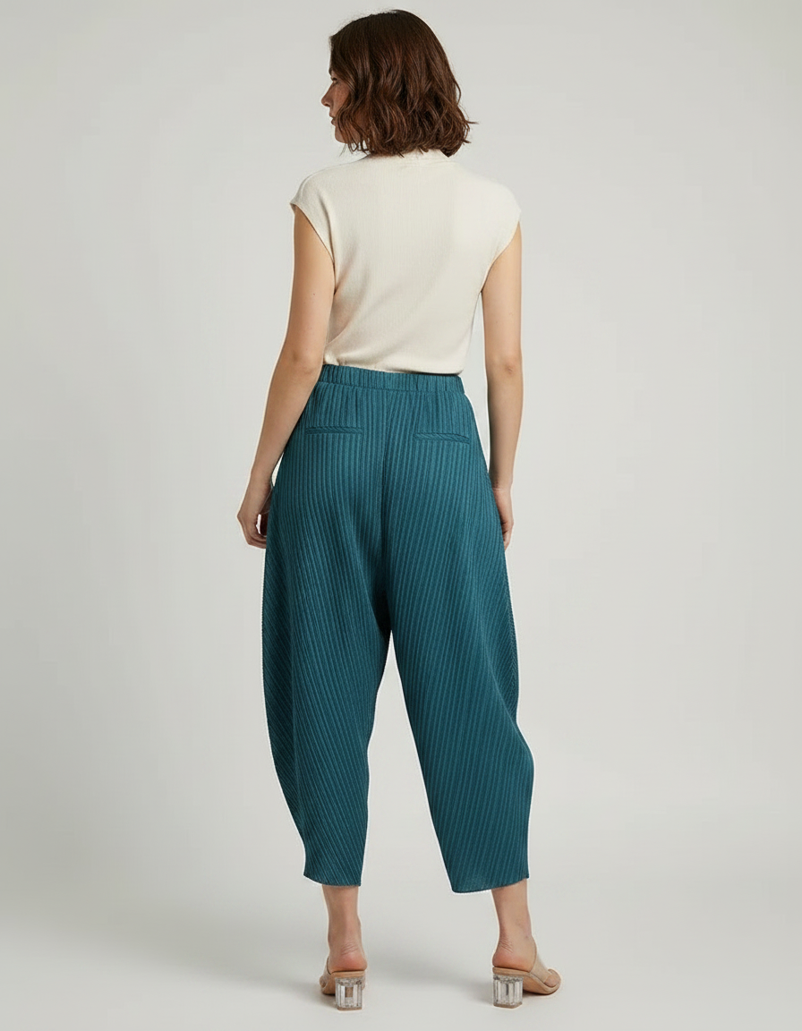 Pantalon À Pince Plissé Fluide Ample Bleu Canard - Polyester - vue 2